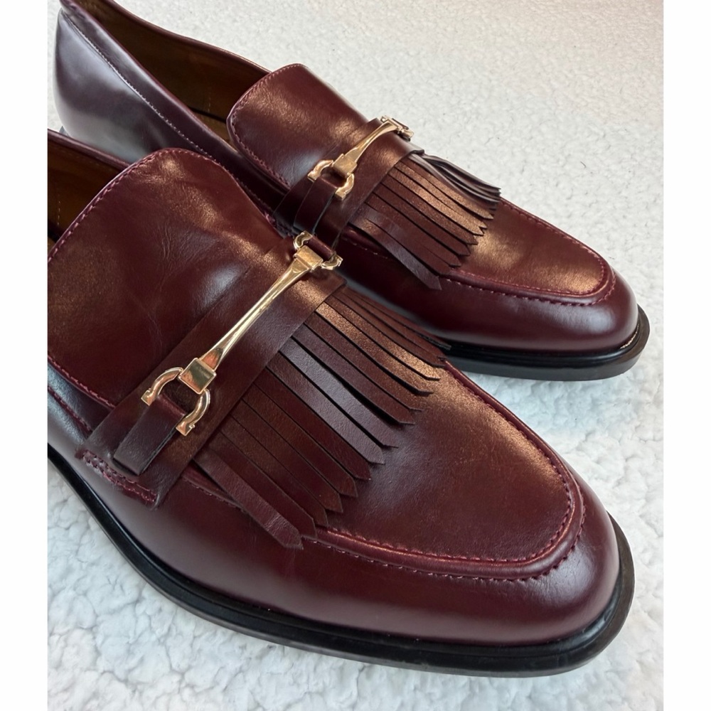 ZARA • Burgundy Leather Fringe Loafers w/ Gold Horsebit Hardware, EU 40 (US 9) - Picture 10 of 16